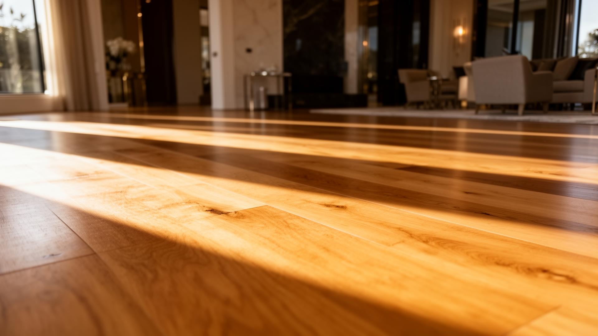 Sunlit wide-plank hardwood floor in a luxury interior